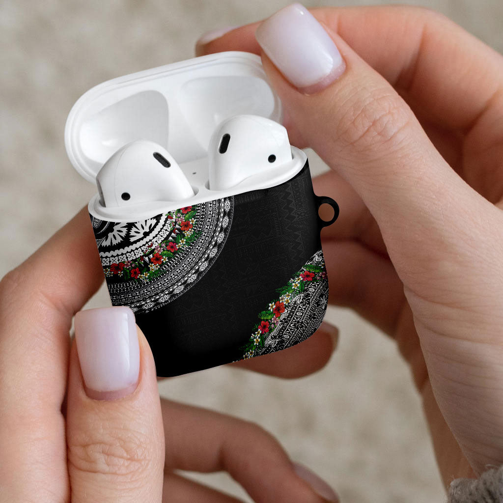 Fiji Hibiscus AirPods Case Tapa Masi Motifs with Tropical Plants
