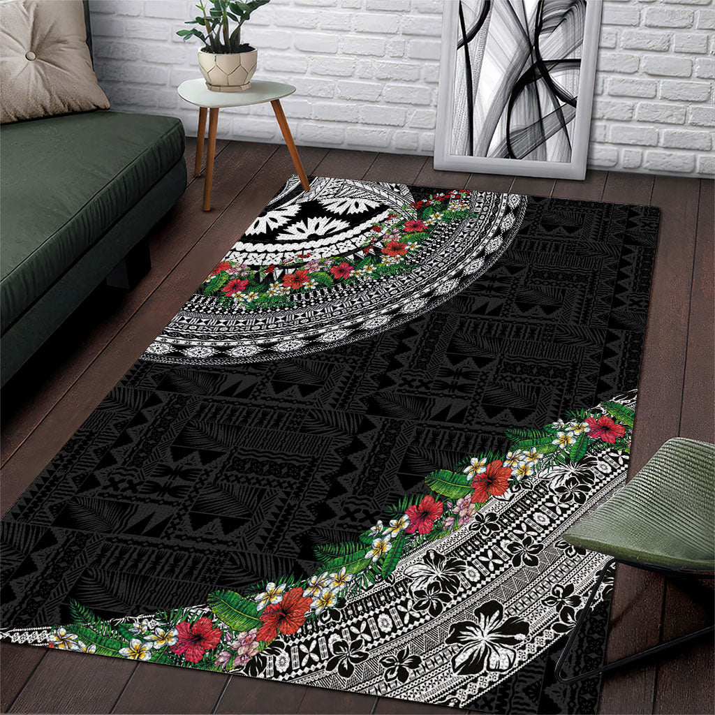 Fiji Hibiscus Area Rug Tapa Masi Motifs with Tropical Plants