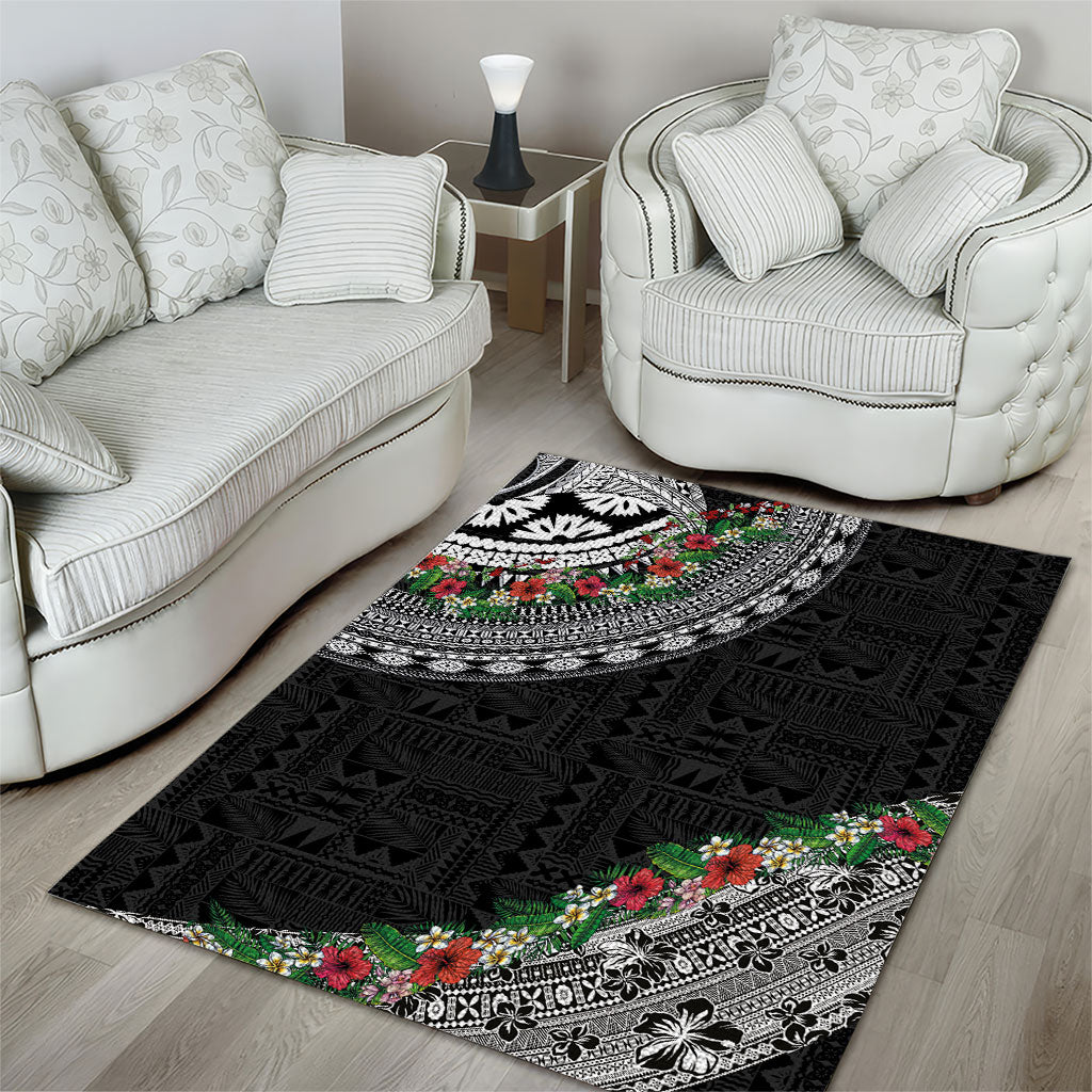 Fiji Hibiscus Area Rug Tapa Masi Motifs with Tropical Plants