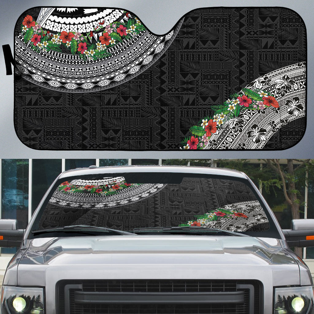 Fiji Hibiscus Auto Sun Shade Tapa Masi Motifs with Tropical Plants