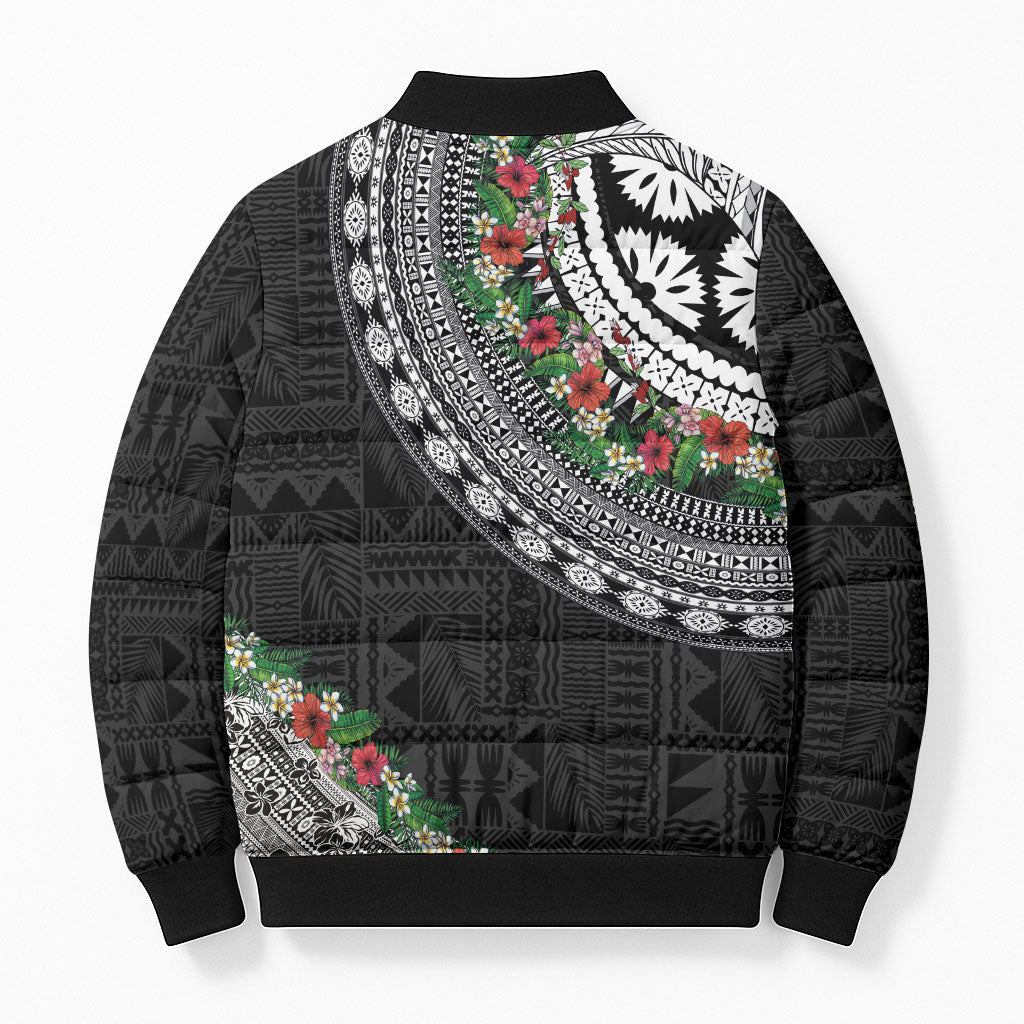 Fiji Hibiscus Bomber Puffer Jacket Tapa Masi Motifs with Tropical Plants