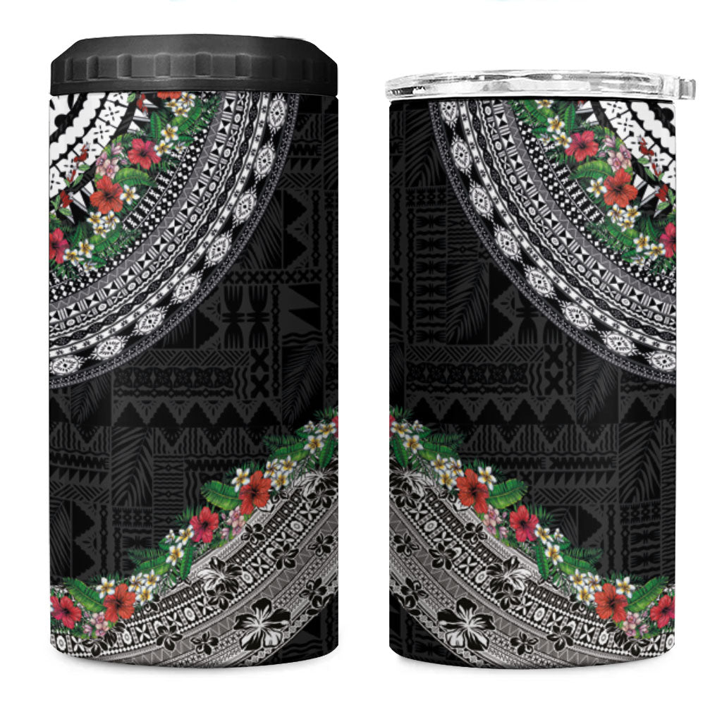 Fiji Hibiscus 4 in 1 Can Cooler Tumbler Tapa Masi Motifs with Tropical Plants