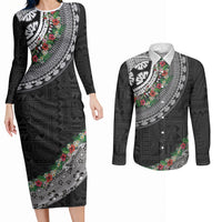 Fiji Hibiscus Couples Matching Long Sleeve Bodycon Dress and Long Sleeve Button Shirt Tapa Masi Motifs with Tropical Plants