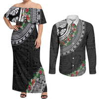 Fiji Hibiscus Couples Matching Off Shoulder Maxi Dress and Long Sleeve Button Shirt Tapa Masi Motifs with Tropical Plants