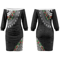 Fiji Hibiscus Couples Matching Off The Shoulder Long Sleeve Dress and Hawaiian Shirt Tapa Masi Motifs with Tropical Plants