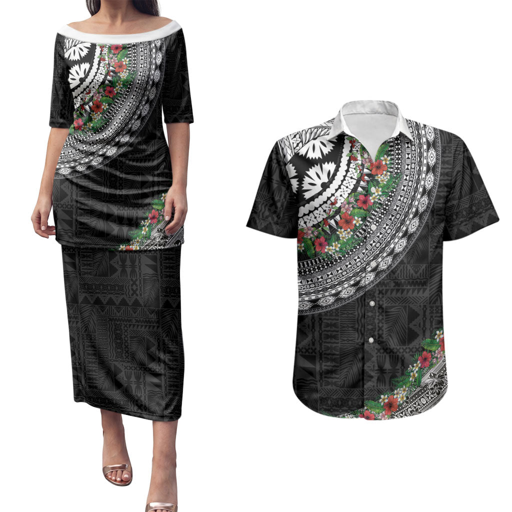 Fiji Hibiscus Couples Matching Puletasi and Hawaiian Shirt Tapa Masi Motifs with Tropical Plants