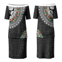 Fiji Hibiscus Couples Matching Puletasi and Long Sleeve Button Shirt Tapa Masi Motifs with Tropical Plants