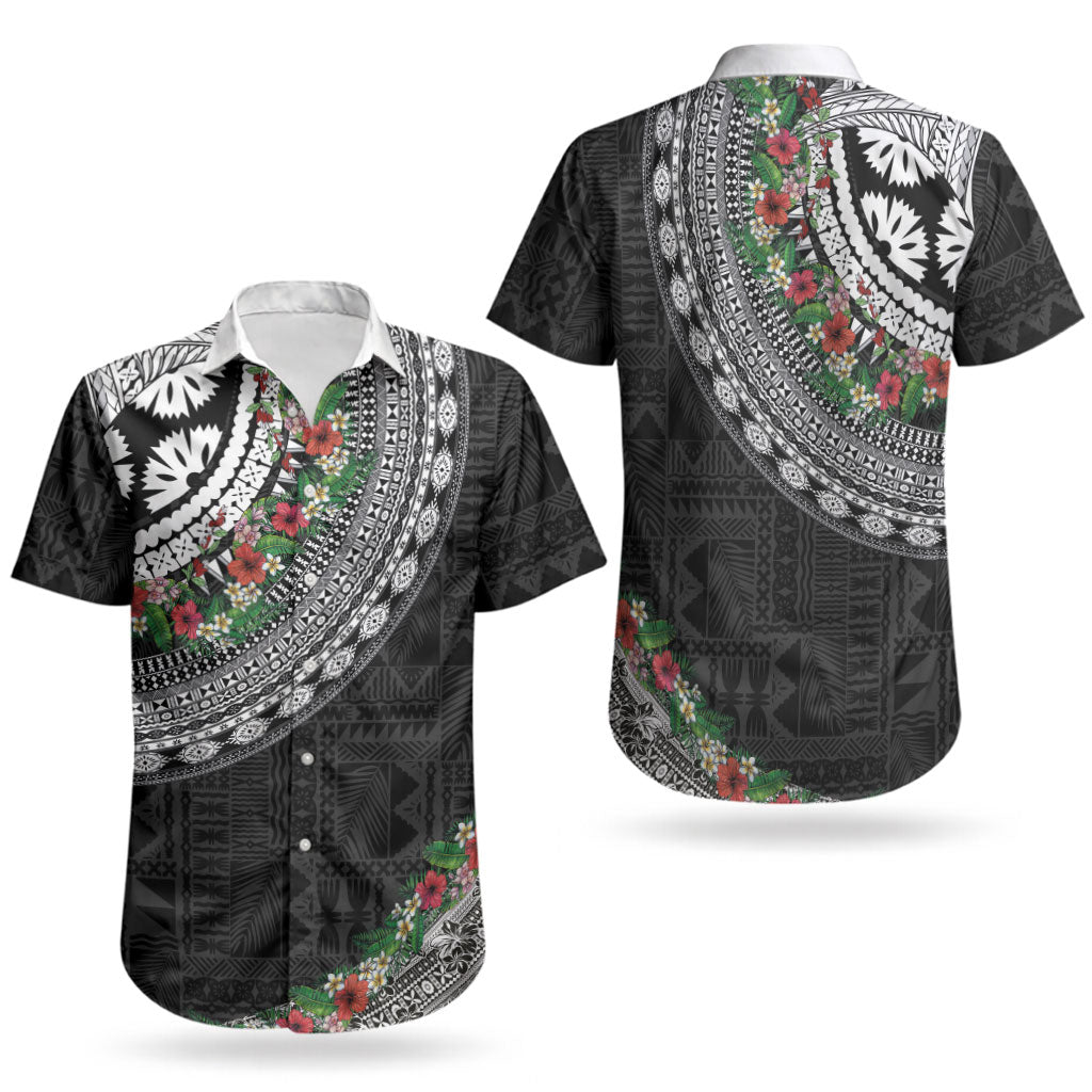 Fiji Hibiscus Couples Matching Short Sleeve Bodycon Dress and Hawaiian Shirt Tapa Masi Motifs with Tropical Plants