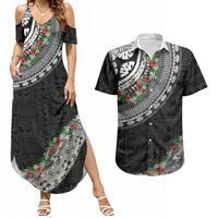 Fiji Hibiscus Couples Matching Summer Maxi Dress and Hawaiian Shirt Tapa Masi Motifs with Tropical Plants