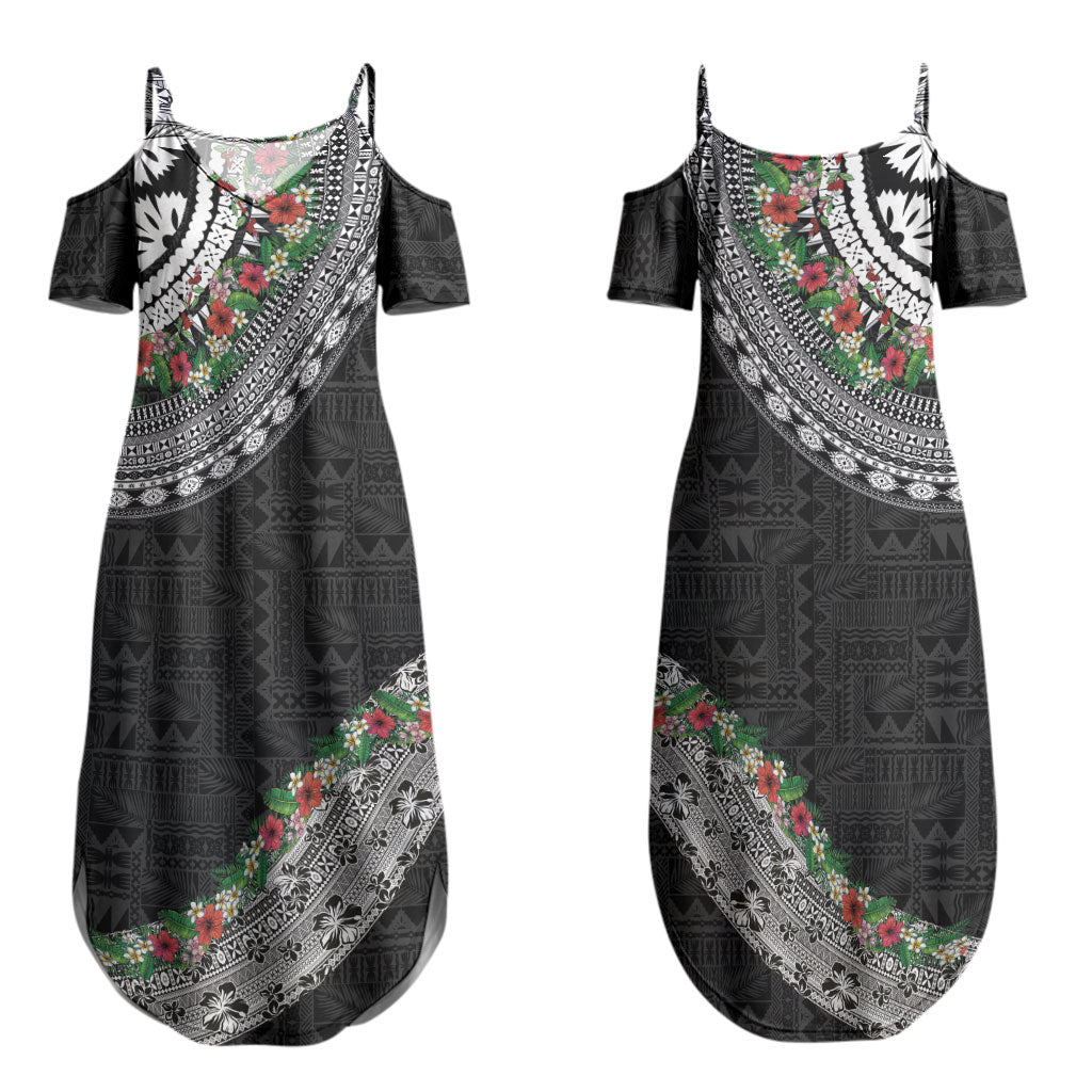 Fiji Hibiscus Couples Matching Summer Maxi Dress and Long Sleeve Button Shirt Tapa Masi Motifs with Tropical Plants