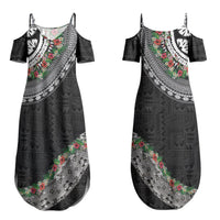 Fiji Hibiscus Couples Matching Summer Maxi Dress and Long Sleeve Button Shirt Tapa Masi Motifs with Tropical Plants