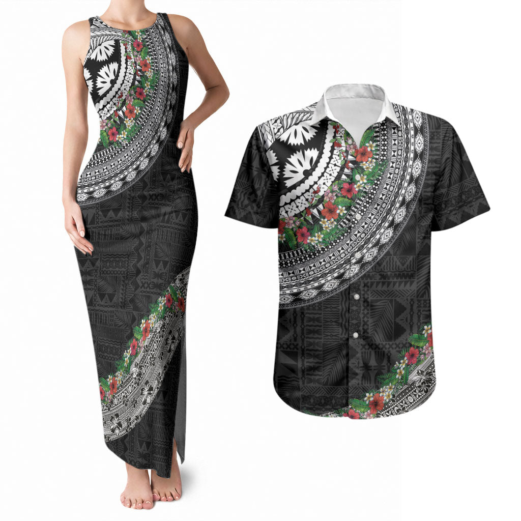 Fiji Hibiscus Couples Matching Tank Maxi Dress and Hawaiian Shirt Tapa Masi Motifs with Tropical Plants