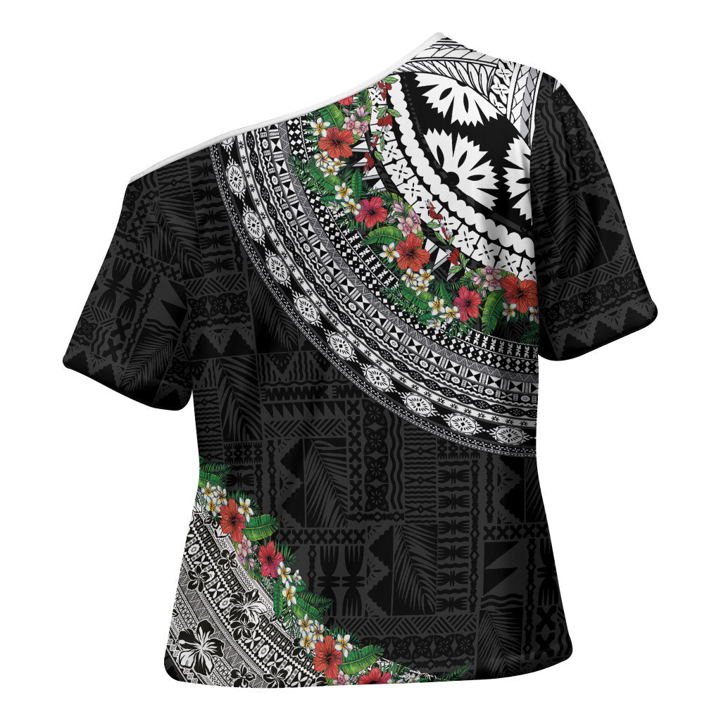 Fiji Hibiscus Cross Shoulder Shirt Tapa Masi Motifs with Tropical Plants
