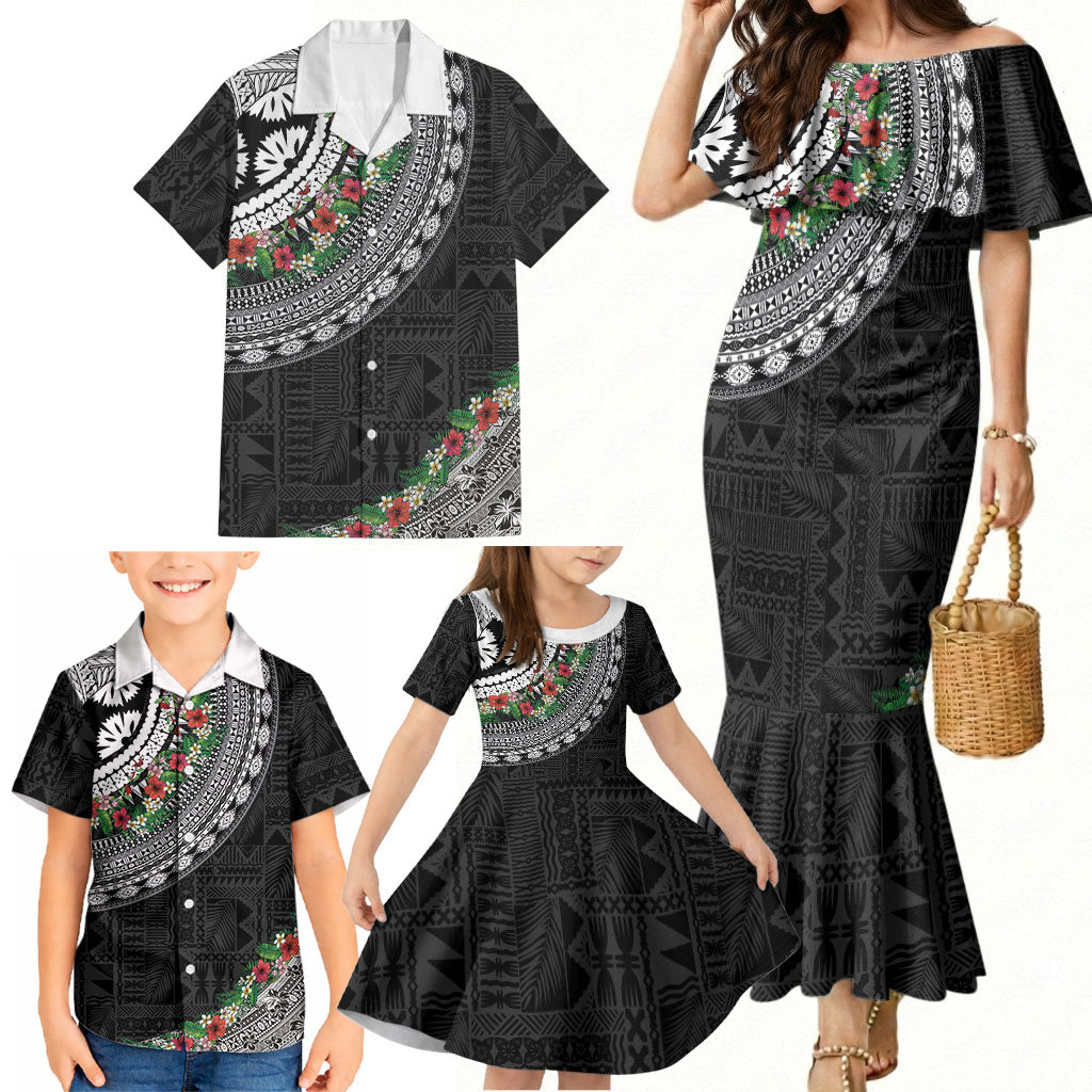 Fiji Hibiscus Family Matching Mermaid Dress and Hawaiian Shirt Tapa Masi Motifs with Tropical Plants
