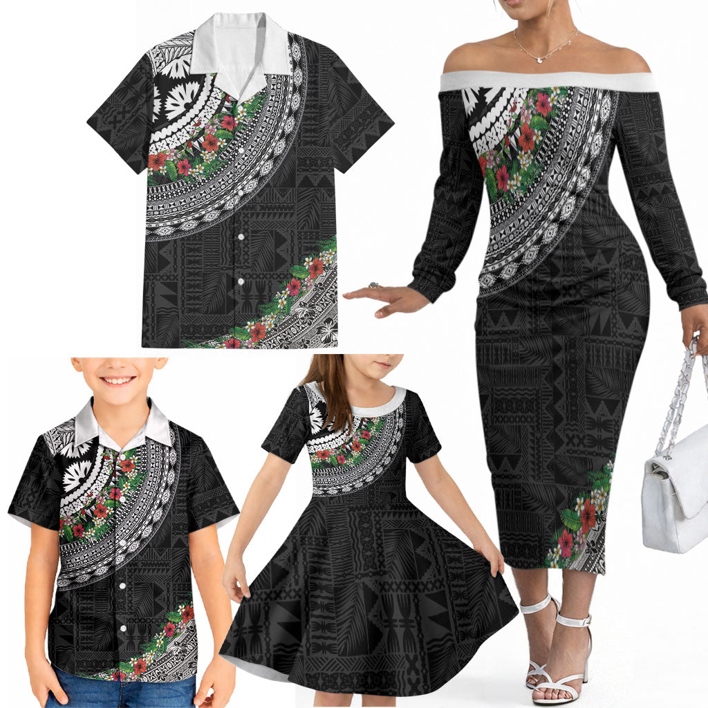 Fiji Hibiscus Family Matching Off The Shoulder Long Sleeve Dress and Hawaiian Shirt Tapa Masi Motifs with Tropical Plants
