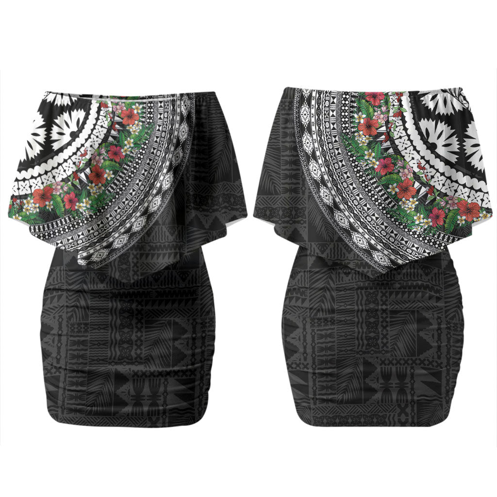 Fiji Hibiscus Family Matching Off Shoulder Short Dress and Hawaiian Shirt Tapa Masi Motifs with Tropical Plants