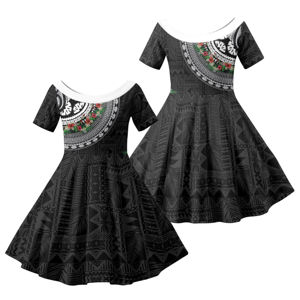 Fiji Hibiscus Family Matching Off Shoulder Short Dress and Hawaiian Shirt Tapa Masi Motifs with Tropical Plants