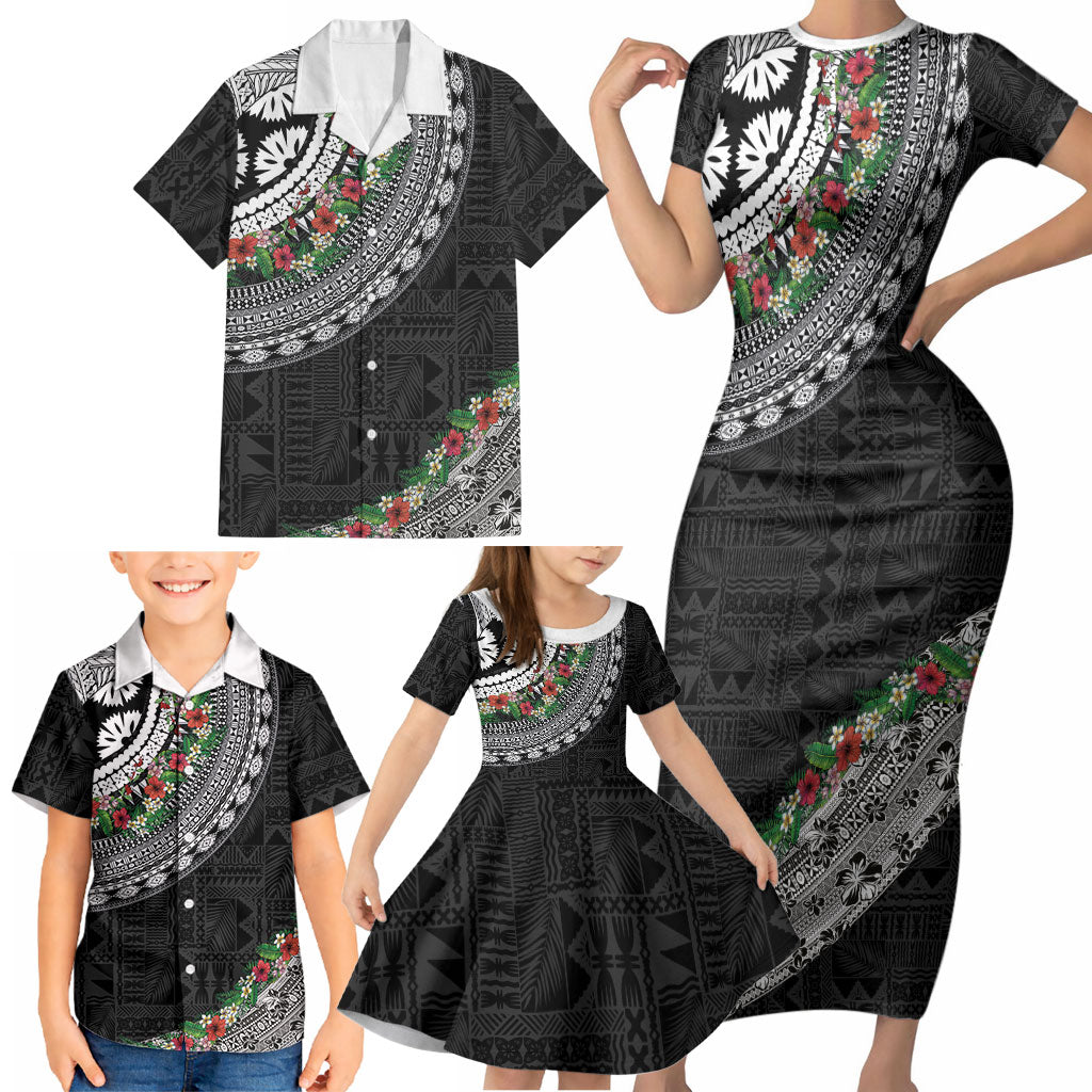 Fiji Hibiscus Family Matching Short Sleeve Bodycon Dress and Hawaiian Shirt Tapa Masi Motifs with Tropical Plants