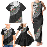 Fiji Hibiscus Family Matching Tank Maxi Dress and Hawaiian Shirt Tapa Masi Motifs with Tropical Plants