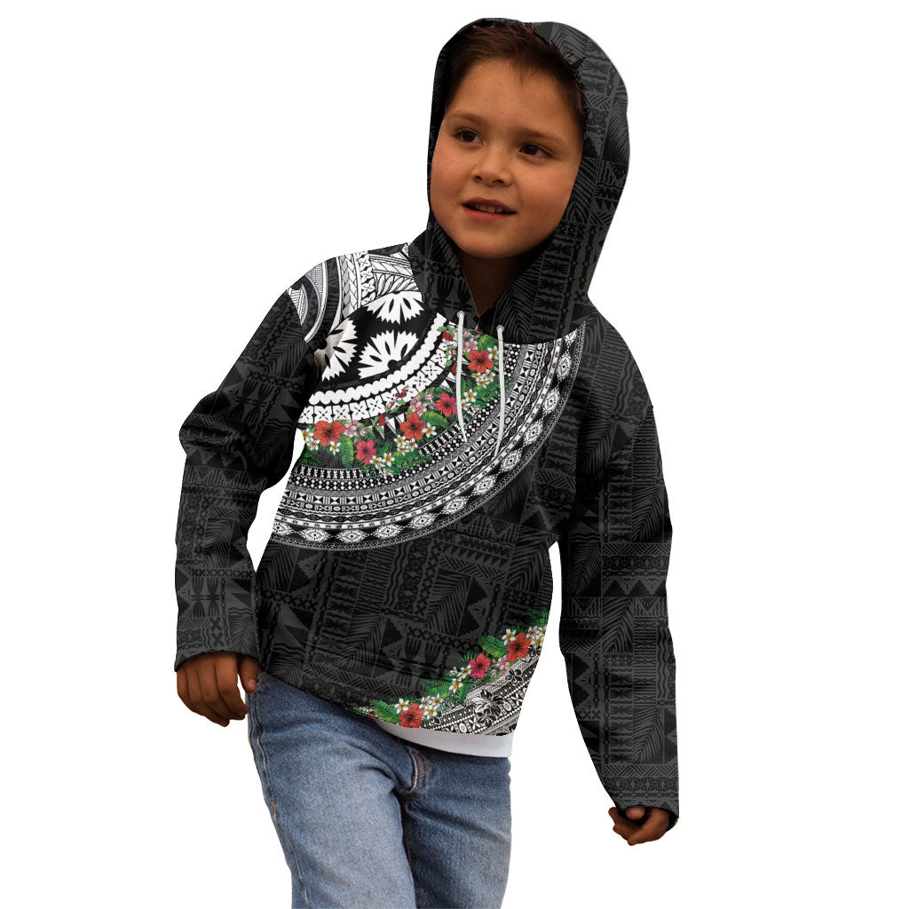 Fiji Hibiscus Kid Hoodie Tapa Masi Motifs with Tropical Plants