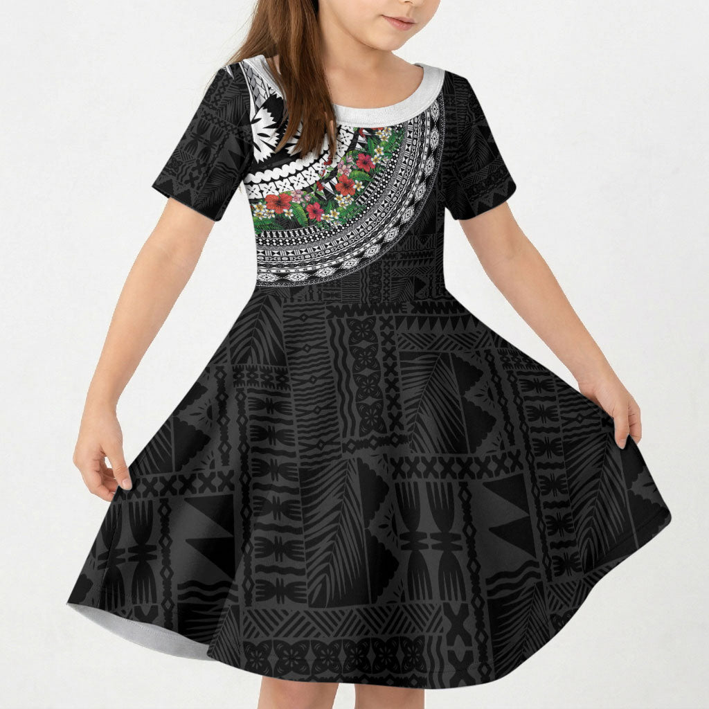Fiji Hibiscus Kid Short Sleeve Dress Tapa Masi Motifs with Tropical Plants