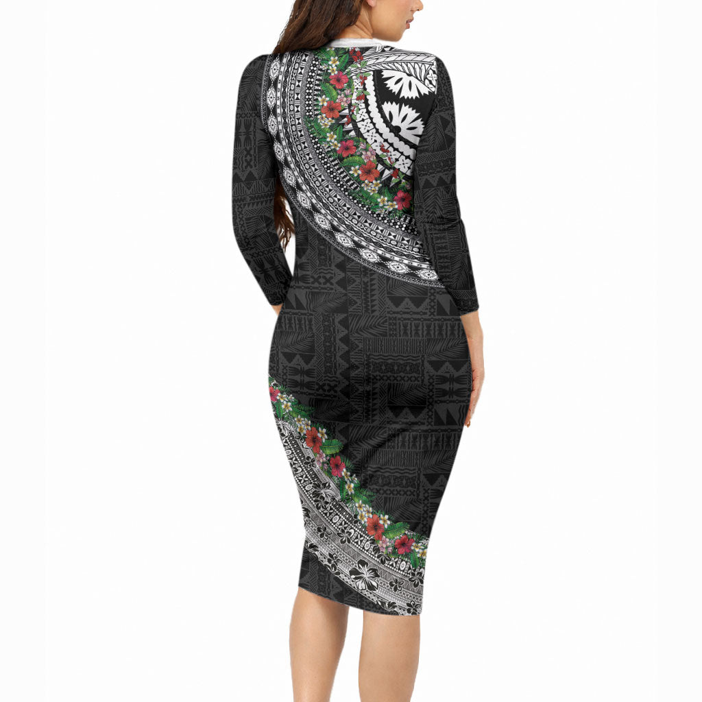 Fiji Hibiscus Long Sleeve Bodycon Dress Tapa Masi Motifs with Tropical Plants