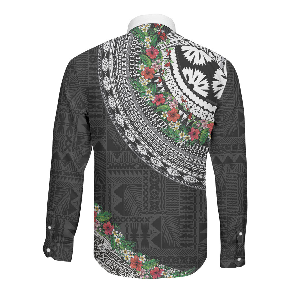 Fiji Hibiscus Long Sleeve Button Shirt Tapa Masi Motifs with Tropical Plants
