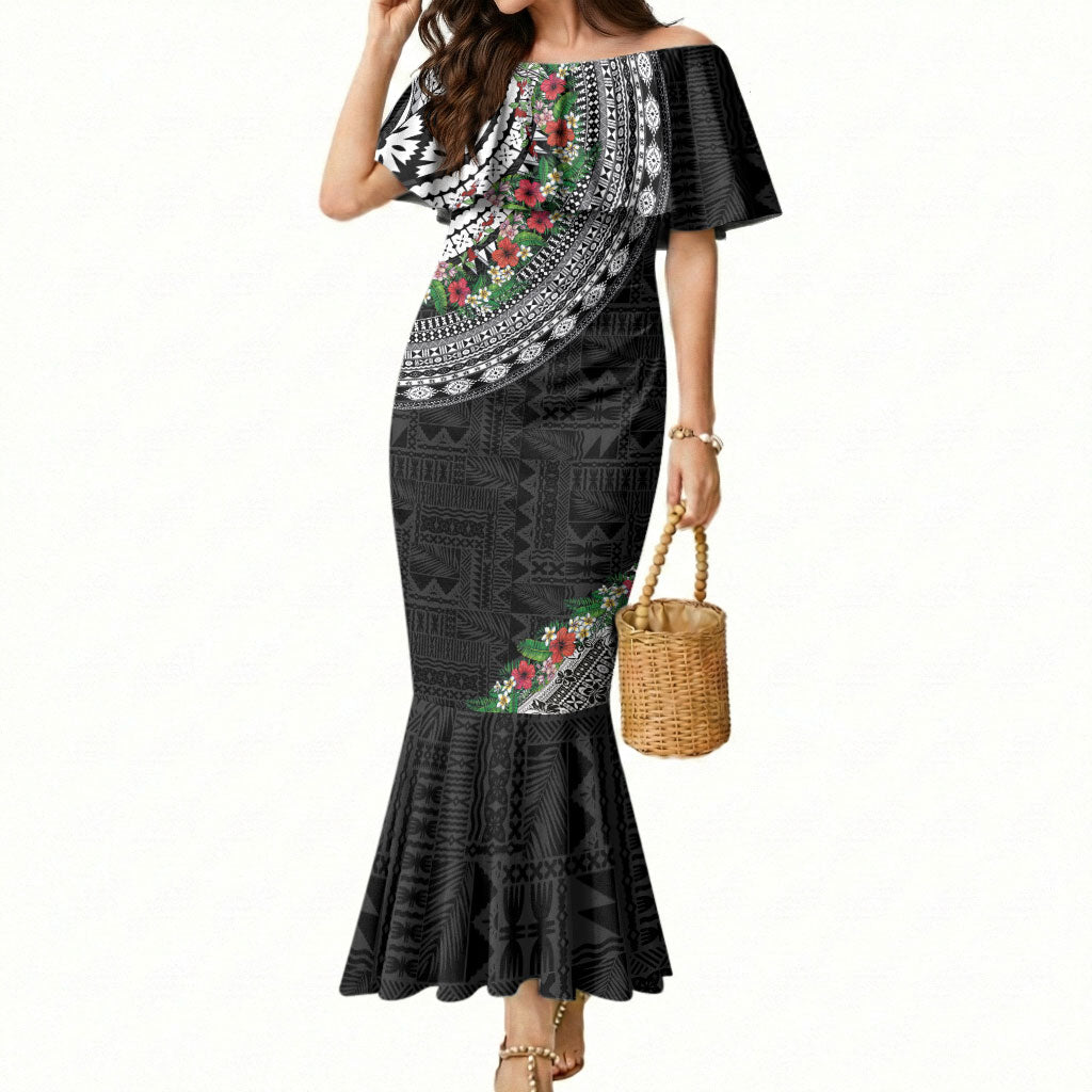 Fiji Hibiscus Mermaid Dress Tapa Masi Motifs with Tropical Plants