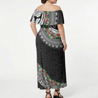 Fiji Hibiscus Off Shoulder Maxi Dress Tapa Masi Motifs with Tropical Plants