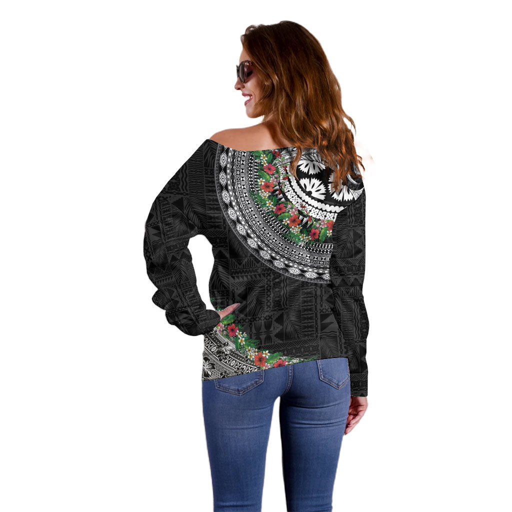 Fiji Hibiscus Off Shoulder Sweater Tapa Masi Motifs with Tropical Plants