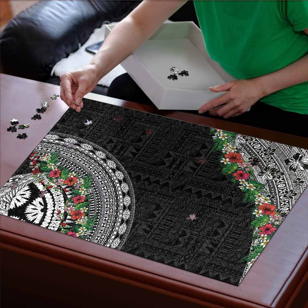 Fiji Hibiscus Puzzle Tapa Masi Motifs with Tropical Plants