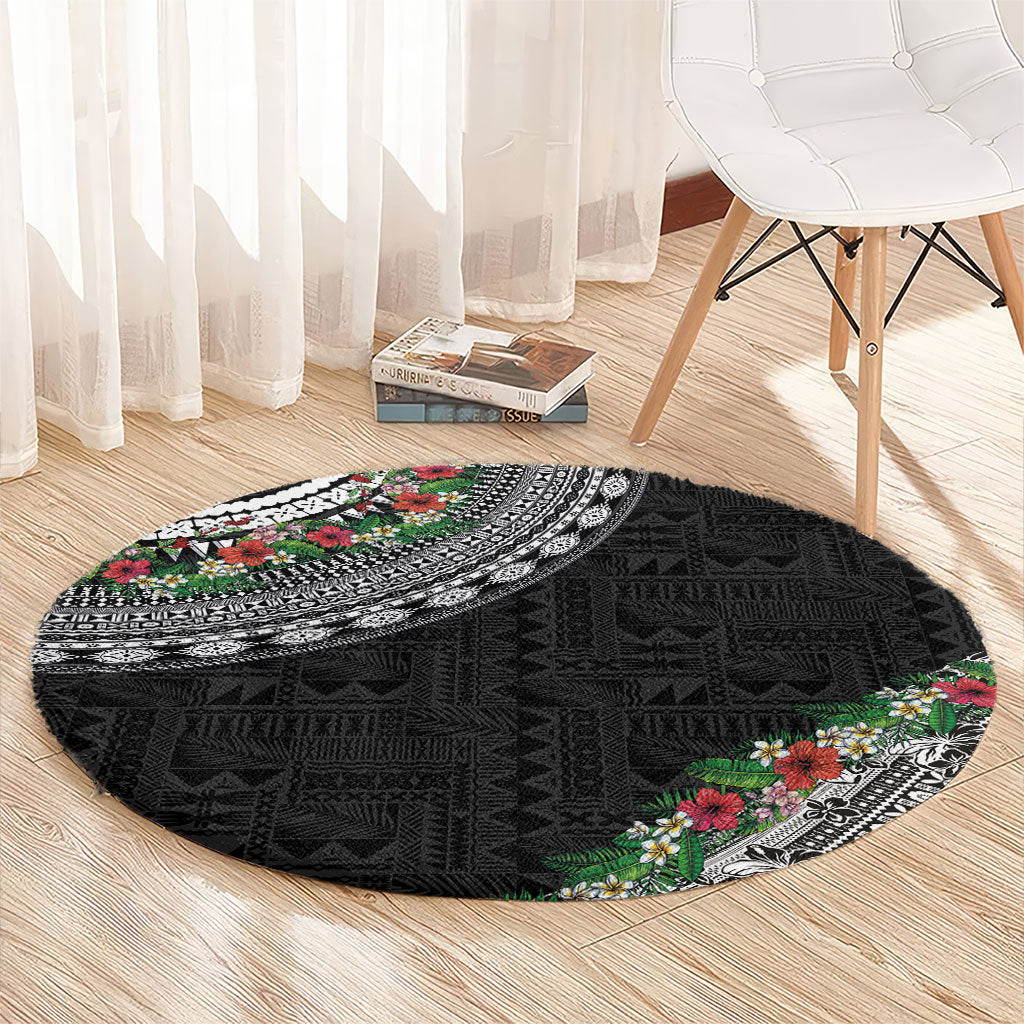 Fiji Hibiscus Round Carpet Tapa Masi Motifs with Tropical Plants
