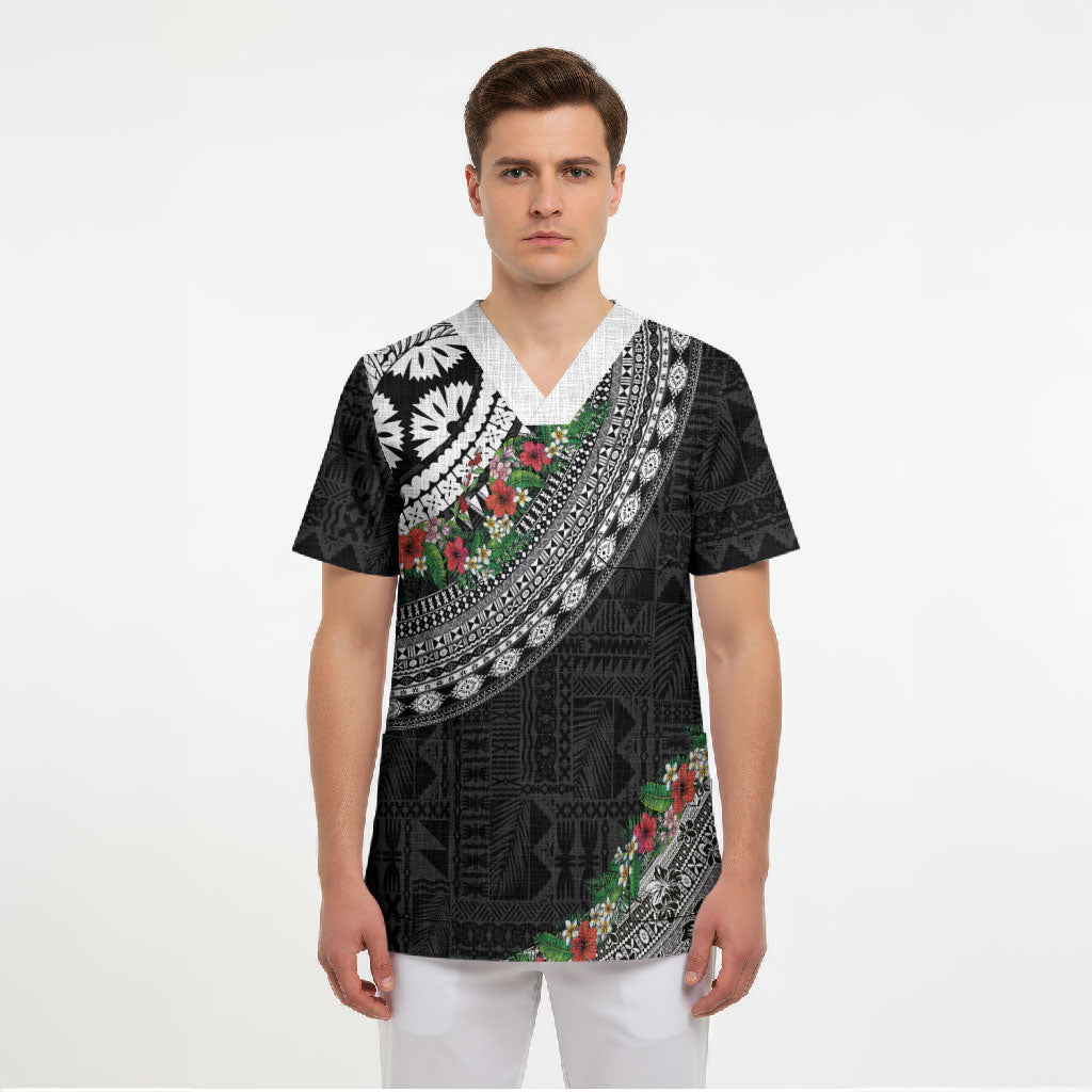 Fiji Hibiscus Scrub Top Tapa Masi Motifs with Tropical Plants