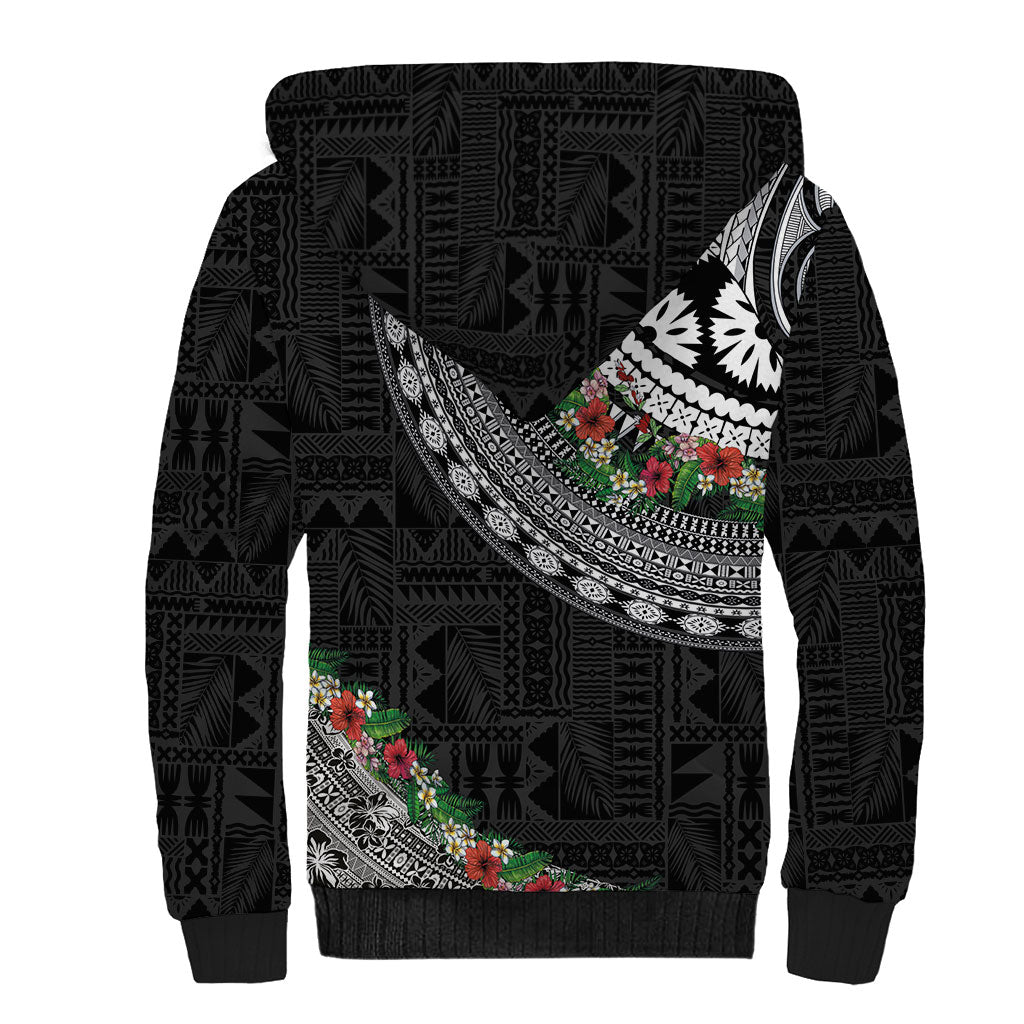 Fiji Hibiscus Sherpa Hoodie Tapa Masi Motifs with Tropical Plants