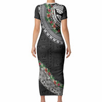 Fiji Hibiscus Short Sleeve Bodycon Dress Tapa Masi Motifs with Tropical Plants