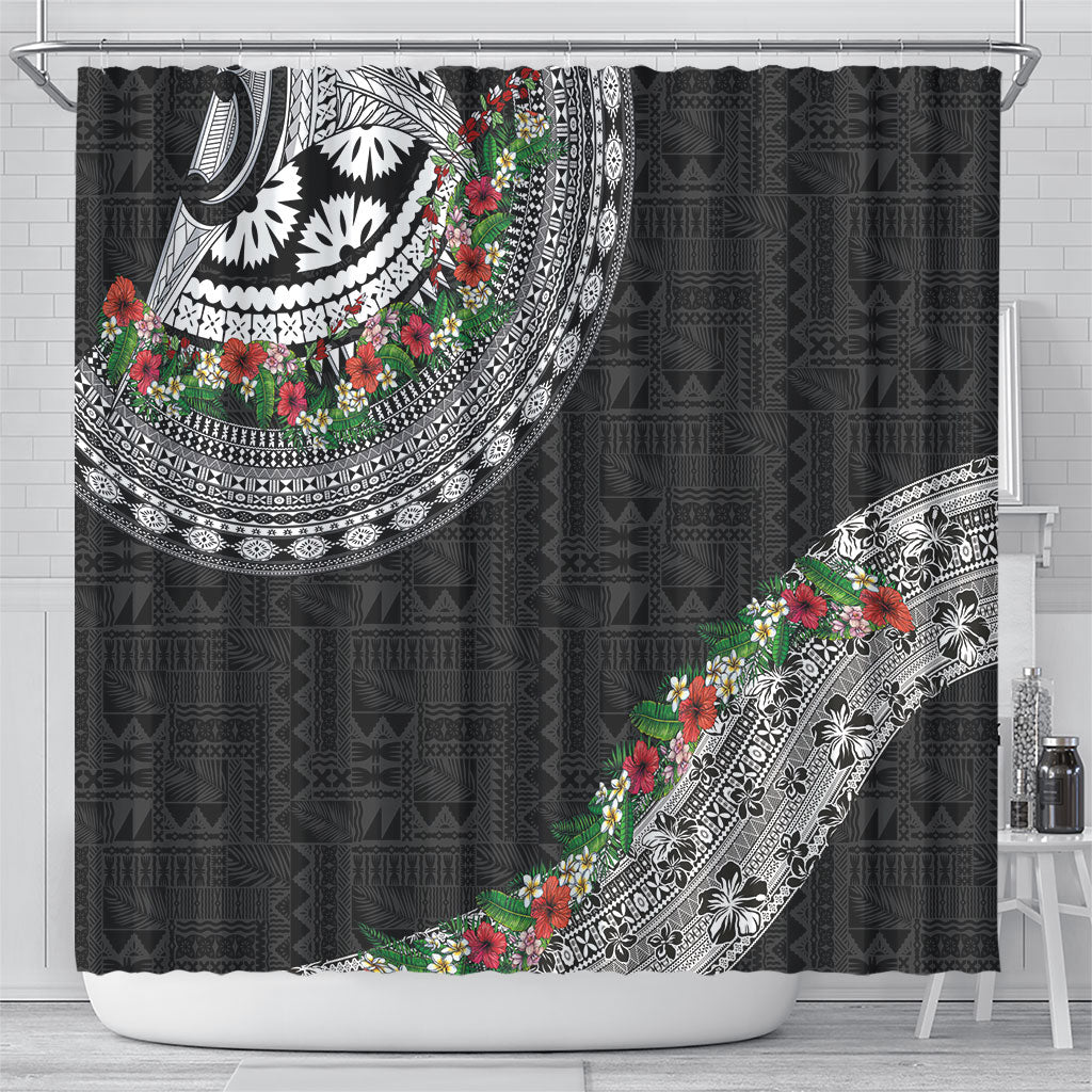 Fiji Hibiscus Shower Curtain Tapa Masi Motifs with Tropical Plants