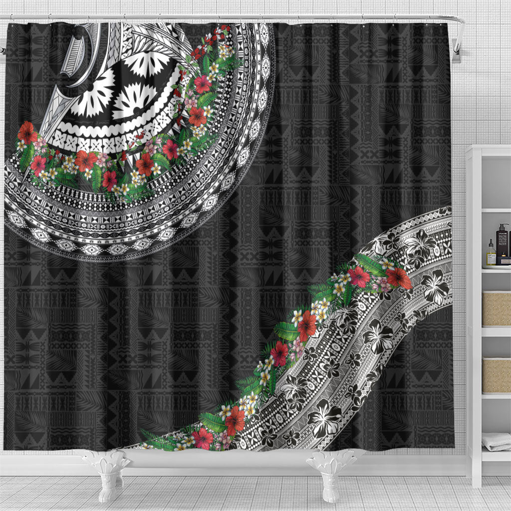 Fiji Hibiscus Shower Curtain Tapa Masi Motifs with Tropical Plants