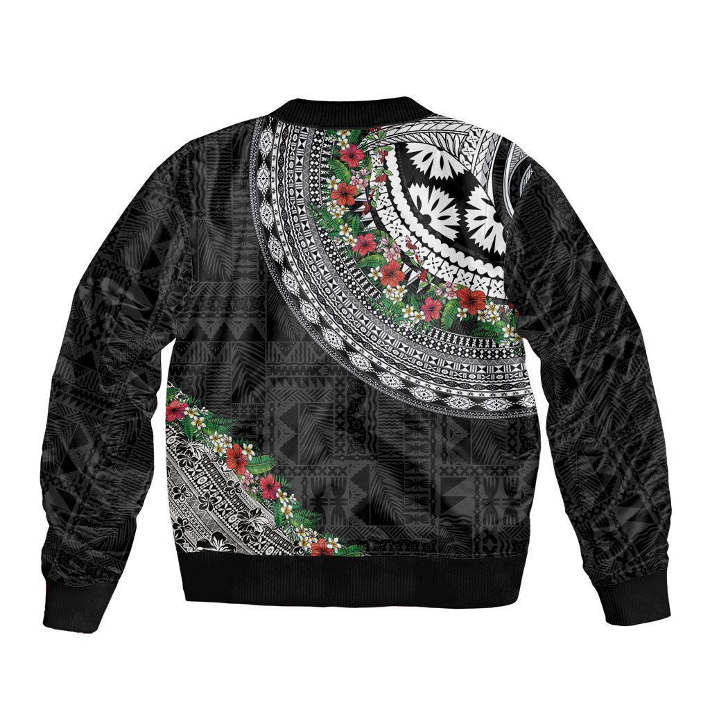 Fiji Hibiscus Sleeve Zip Bomber Jacket Tapa Masi Motifs with Tropical Plants