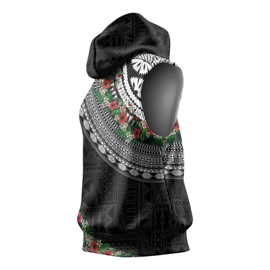 Fiji Hibiscus Sleeveless Hoodie Tapa Masi Motifs with Tropical Plants