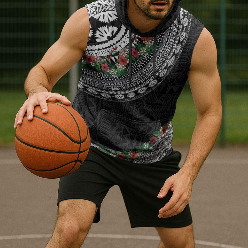 Fiji Hibiscus Sleeveless Hoodie Tapa Masi Motifs with Tropical Plants