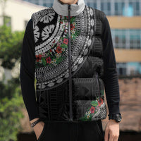 Fiji Hibiscus Sleeveless Puffer Jacket Tapa Masi Motifs with Tropical Plants