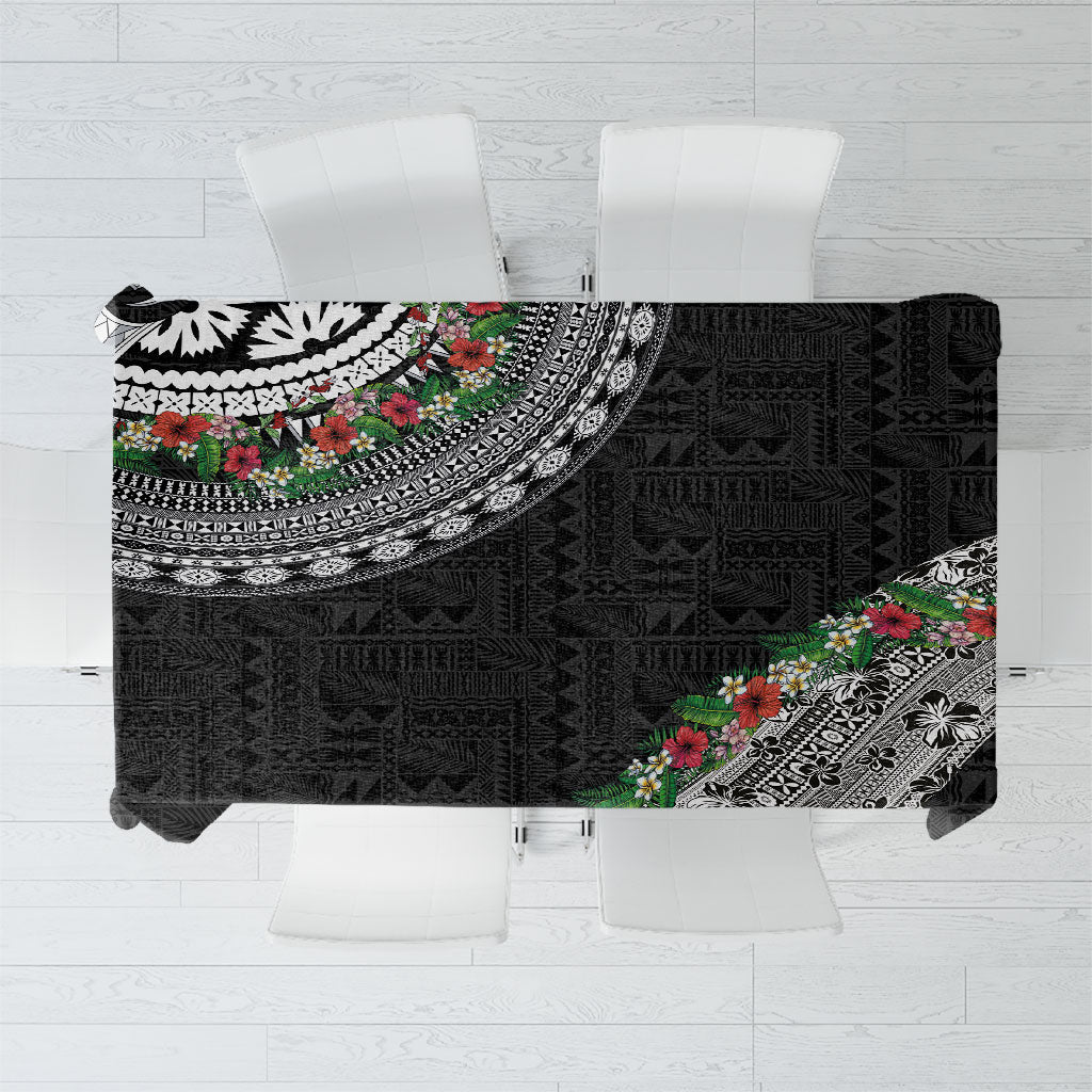 Fiji Hibiscus Tablecloth Tapa Masi Motifs with Tropical Plants LT03 Black - Polynesian Pride