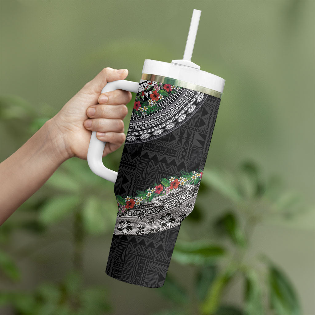 Fiji Hibiscus Tumbler With Handle Tapa Masi Motifs with Tropical Plants