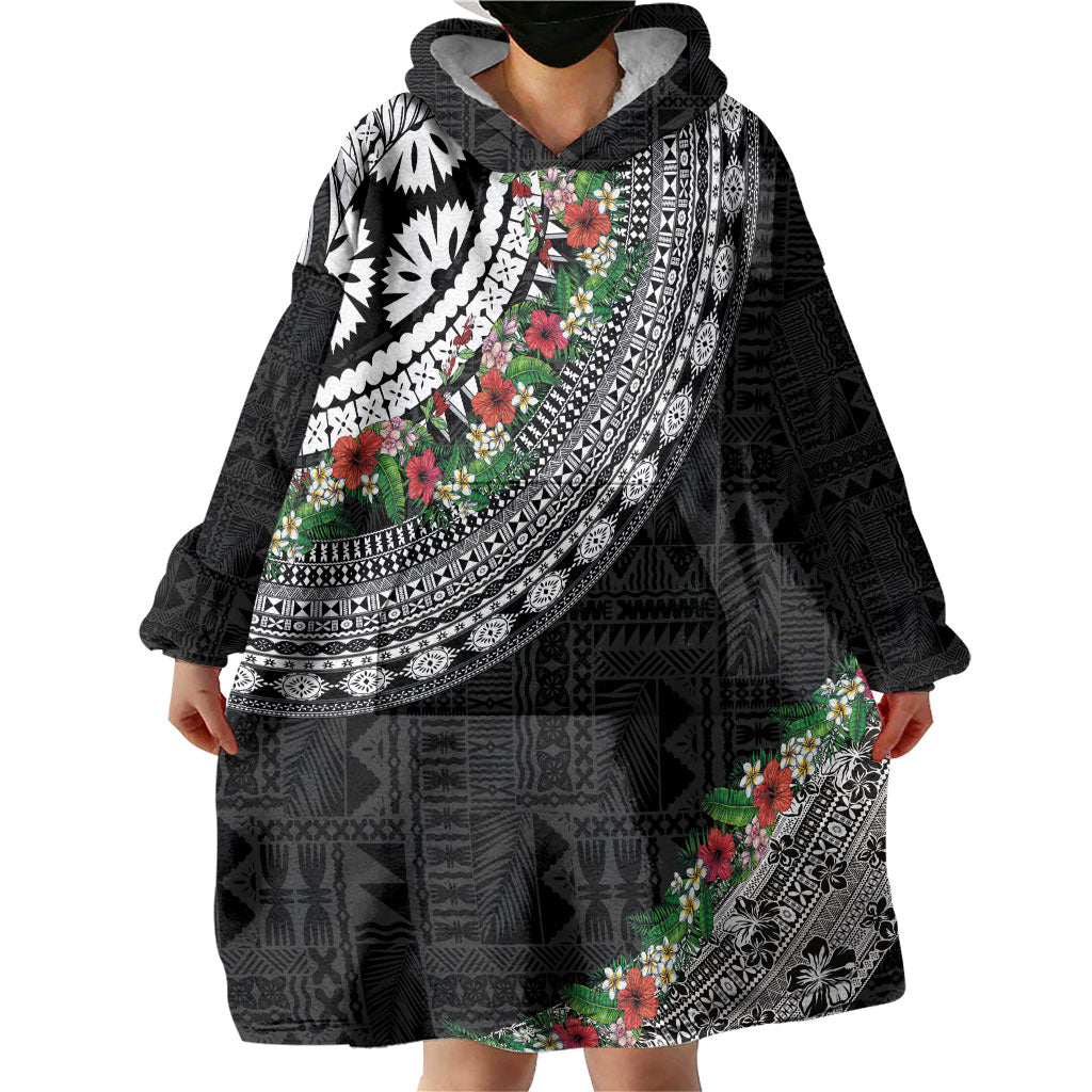 Fiji Hibiscus Wearable Blanket Hoodie Tapa Masi Motifs with Tropical Plants