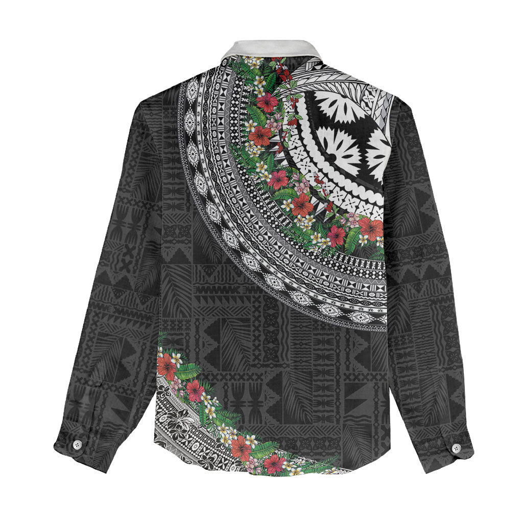 Fiji Hibiscus Women Casual Shirt Tapa Masi Motifs with Tropical Plants