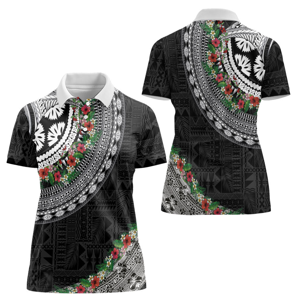 Fiji Hibiscus Women Polo Shirt Tapa Masi Motifs with Tropical Plants