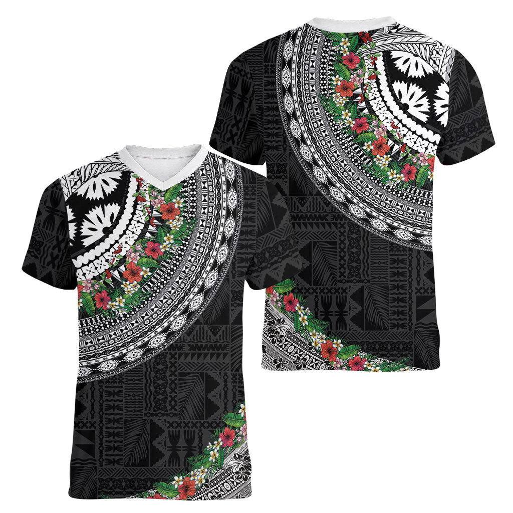 Fiji Hibiscus Women V-Neck T-Shirt Tapa Masi Motifs with Tropical Plants
