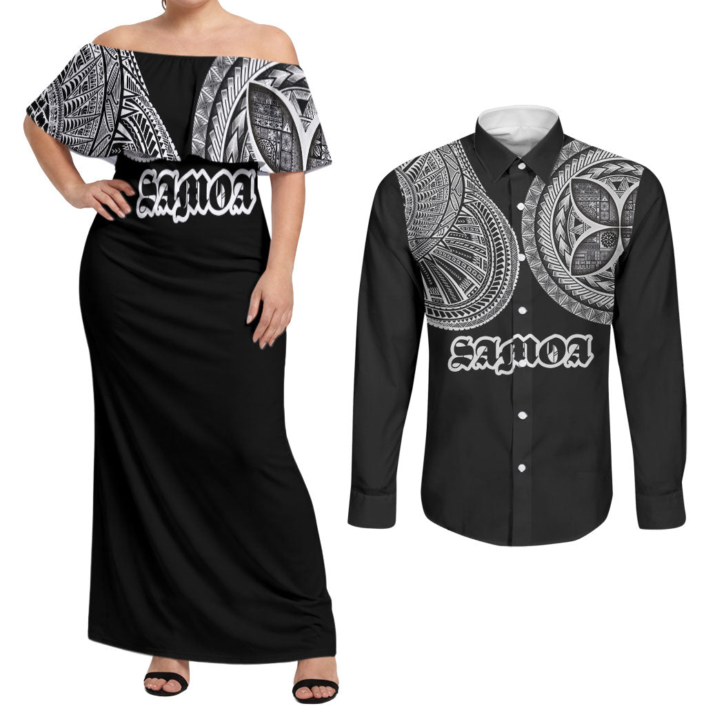Samoa Traditional Tattoo Couples Matching Off Shoulder Maxi Dress and Long Sleeve Button Shirt Tribal Tatau Pattern