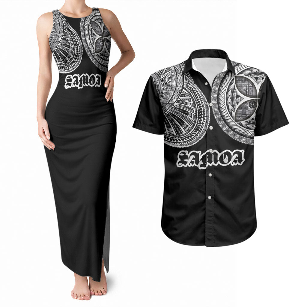 Samoa Traditional Tattoo Couples Matching Tank Maxi Dress and Hawaiian Shirt Tribal Tatau Pattern