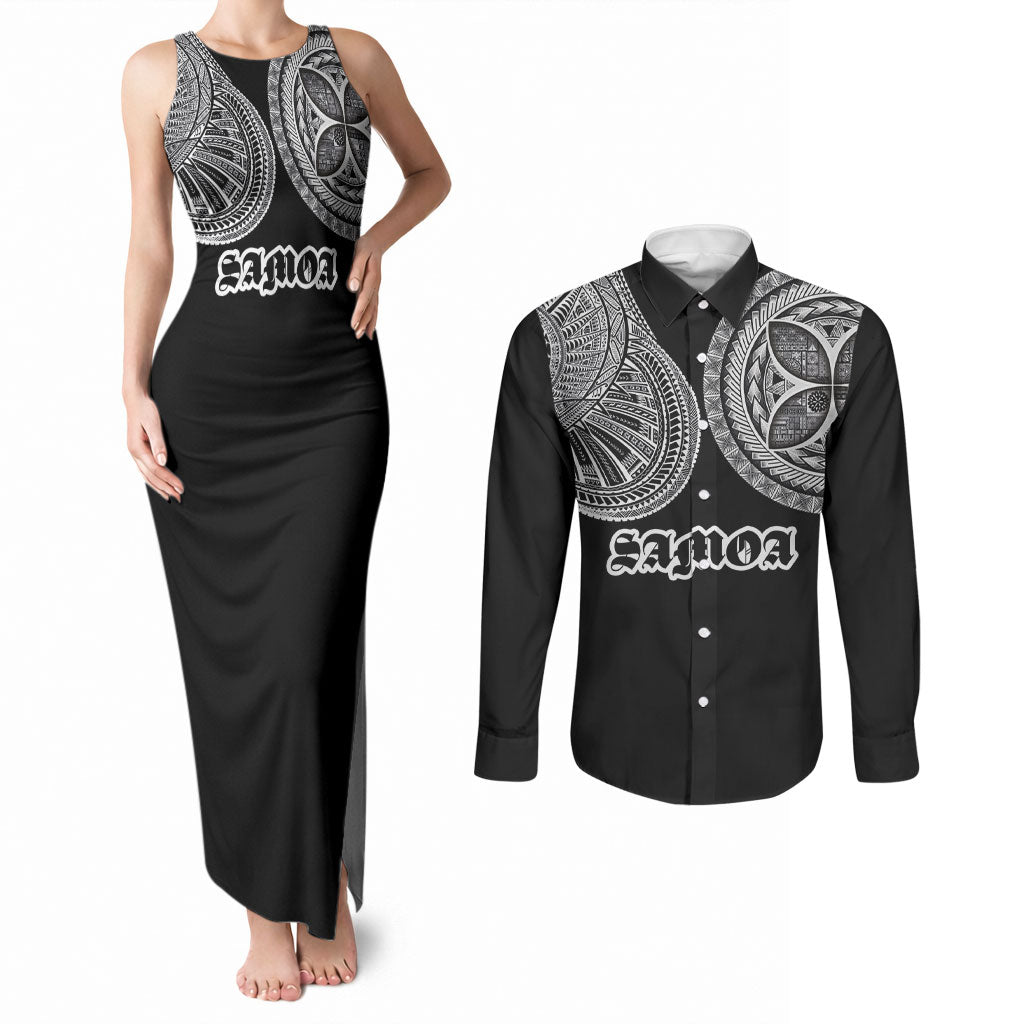 Samoa Traditional Tattoo Couples Matching Tank Maxi Dress and Long Sleeve Button Shirt Tribal Tatau Pattern